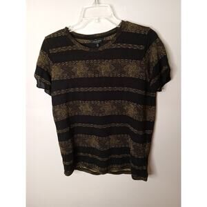 Lucky Brand Small Glitter Sparkly Metallic Black and Gold Striped T Shirt Top